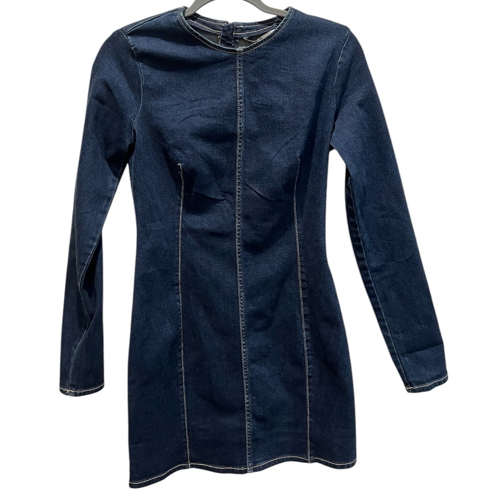 Zara Dark Blue Denim Long-Sleeve Mini Dress - Picture 3 of 5